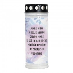 Nagrobna sveča Premium z rožnim motivom in verzom Je čas, ki da, je čas, ki vzame